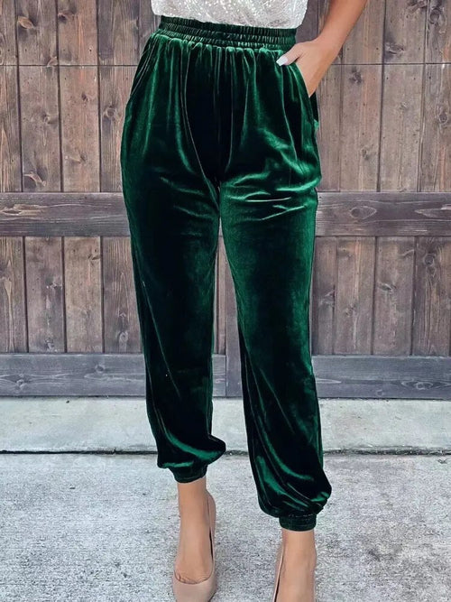 Elastic Waist Solid Color Trousers Female Pocket Leggings Staright