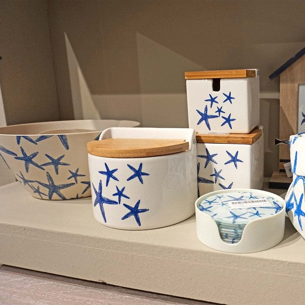 Salt Shaker with Lid Blue Sea Ceramic Bamboo