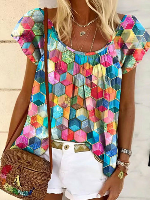 Round Neck Shirt Blouse Colorful Geometric Print