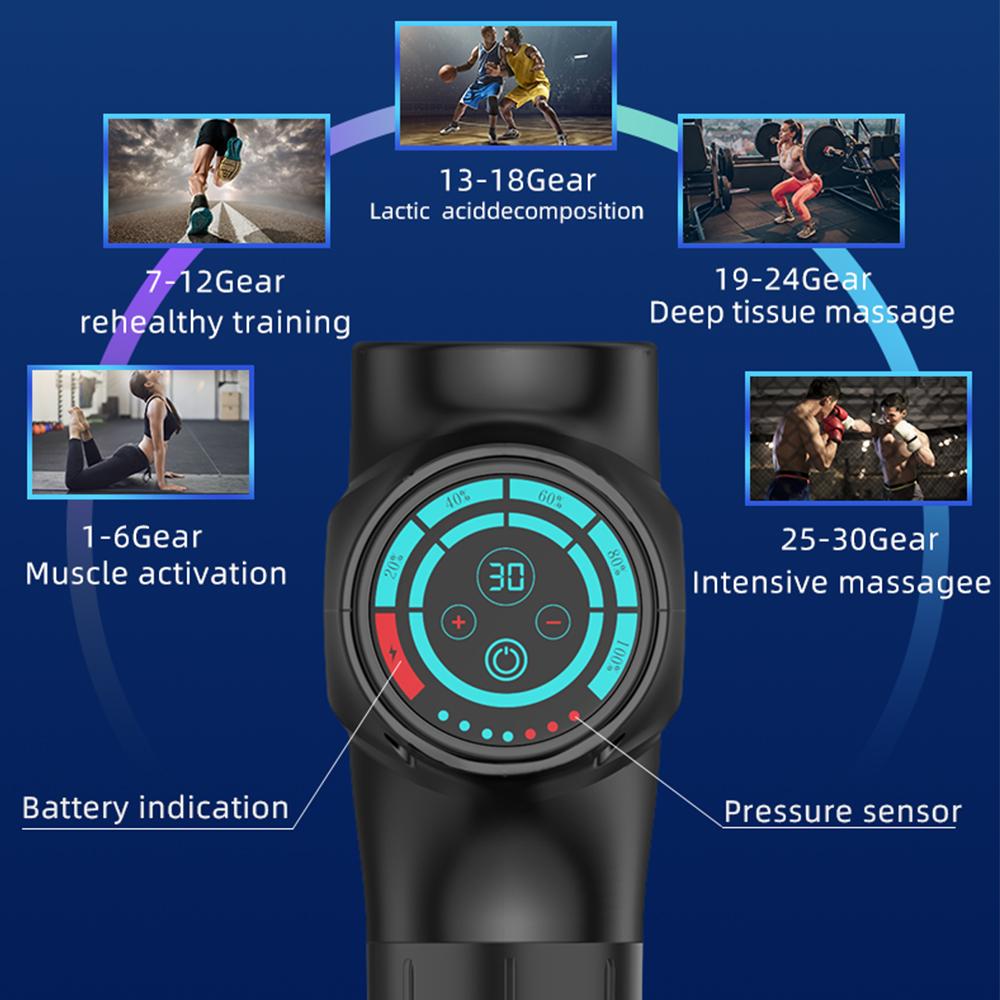 Pistola per massaggio Potente massaggiatore a percussione per tessuti a 30 velocità con 6 teste
