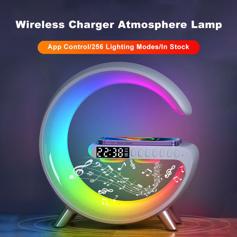 Lampada LED intelligente a forma di G. Altoparlante Bluetooth. Caricabatterie wireless. App per lampada d'atmosfera