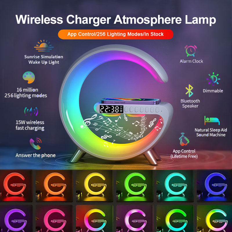 Lampada LED intelligente a forma di G. Altoparlante Bluetooth. Caricabatterie wireless. App per lampada d'atmosfera