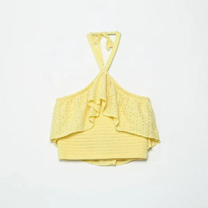 Embriodery Camicie da donna in cotone con top sexy in pizzo giallo con scollo all'americana 