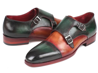 Paul Parkman Captoe Double Monkstraps verde e cammello (ID#045GC61)