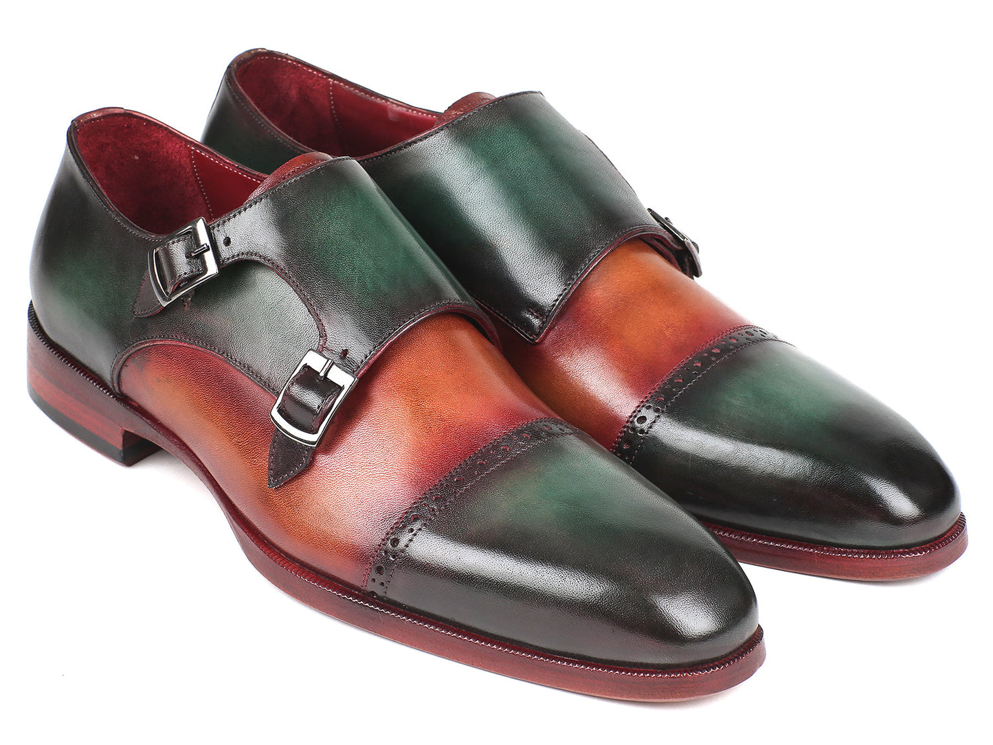 Paul Parkman Captoe Double Monkstraps verde e cammello (ID#045GC61)