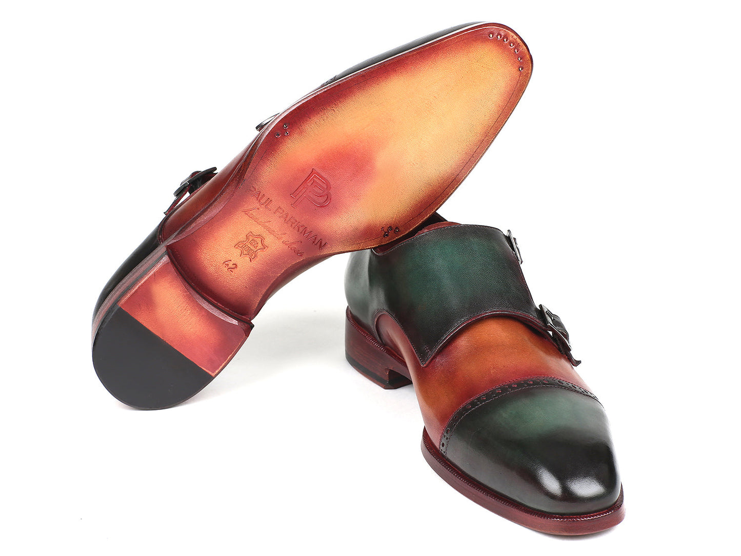 Paul Parkman Captoe Double Monkstraps verde e cammello (ID#045GC61)