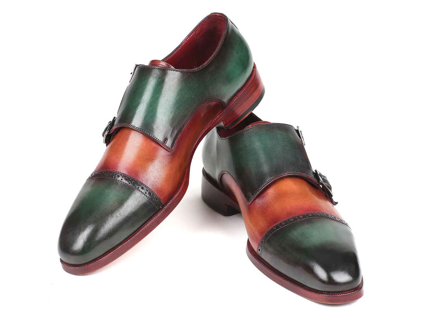 Paul Parkman Captoe Double Monkstraps verde e cammello (ID#045GC61)