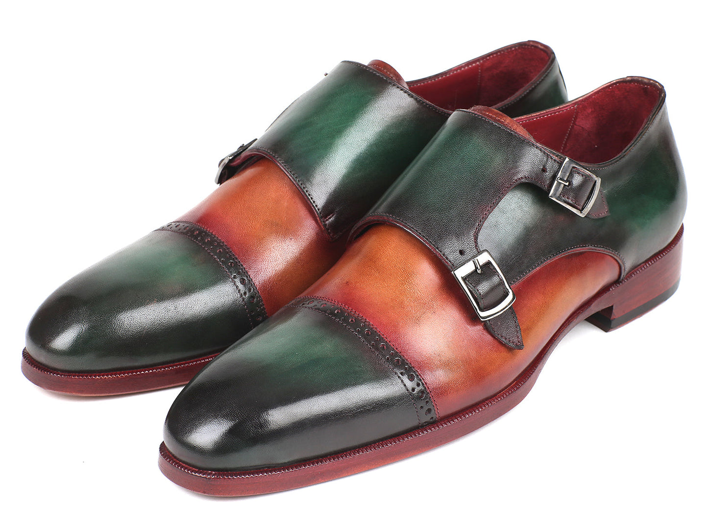 Paul Parkman Captoe Double Monkstraps verde e cammello (ID#045GC61)