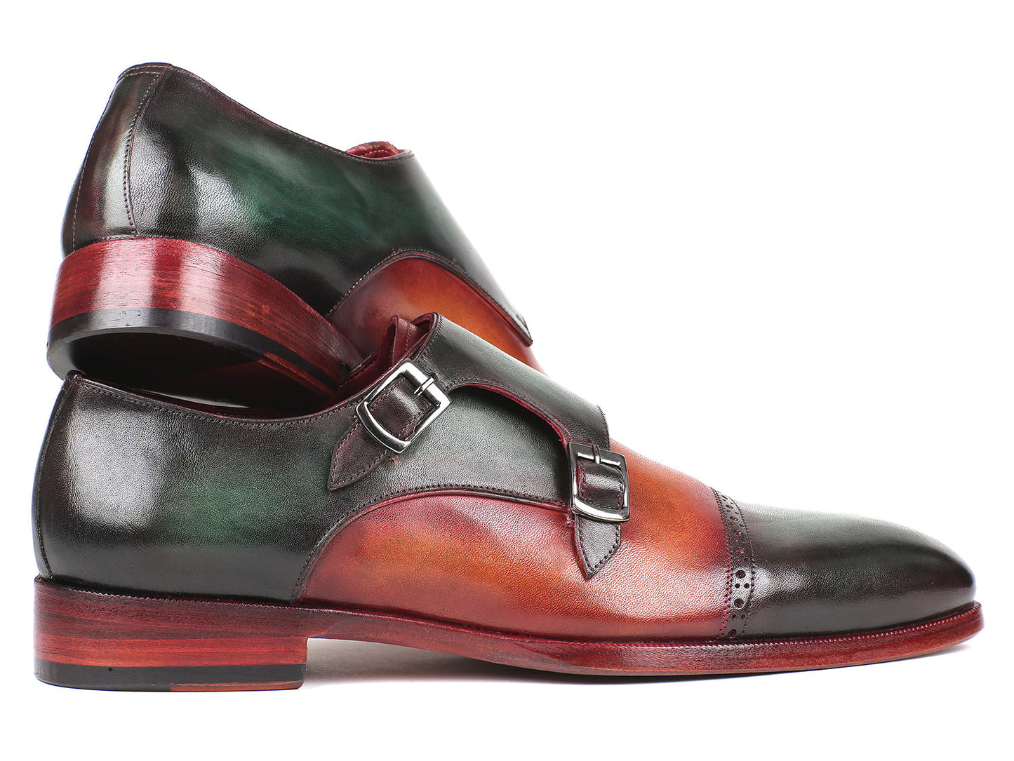 Paul Parkman Captoe Double Monkstraps verde e cammello (ID#045GC61)