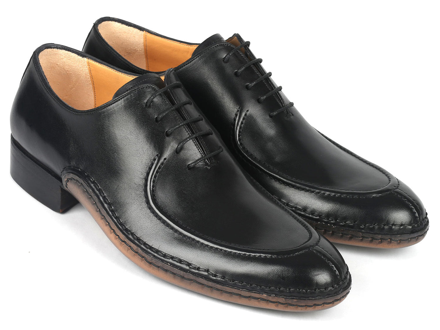 Paul Parkman Opanka Stitched Oxford da uomo in pelle nera con punta divisa