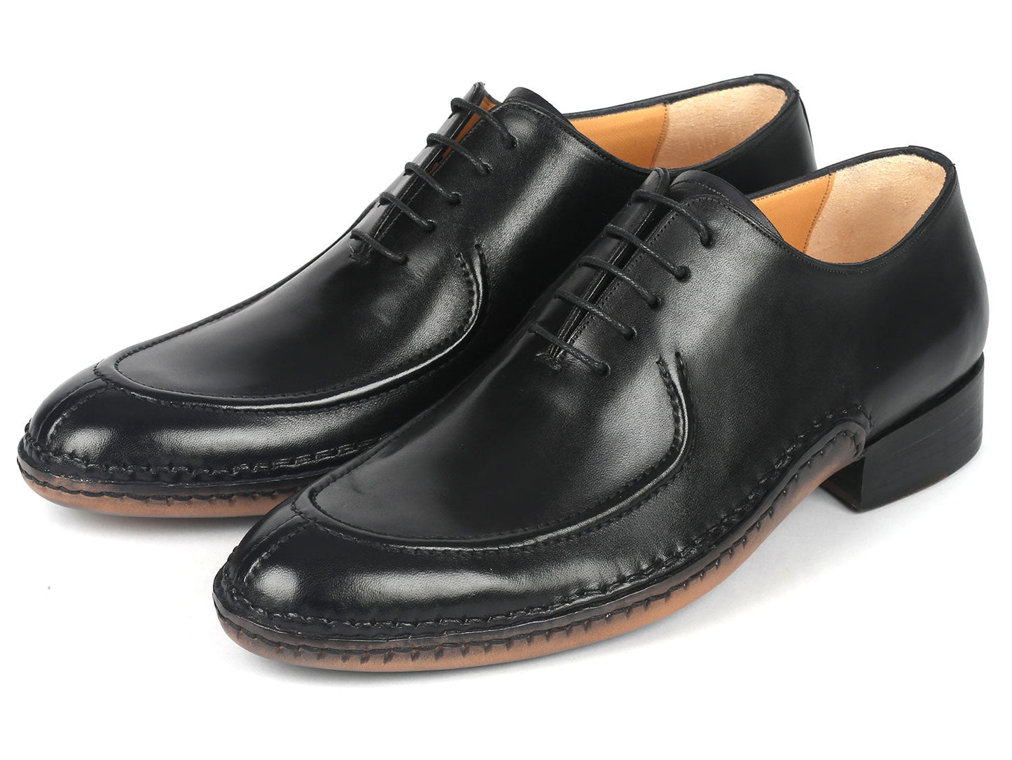 Paul Parkman Opanka Stitched Oxford da uomo in pelle nera con punta divisa