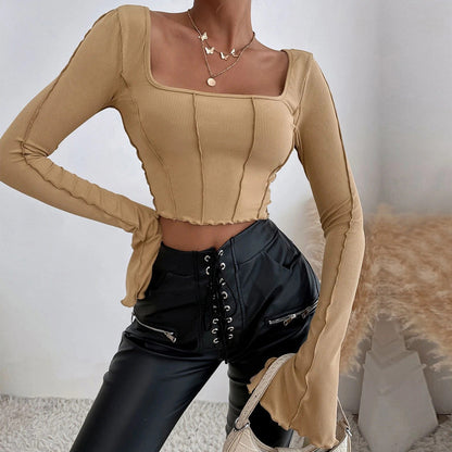 Slim Fit Long Sleeve Square Neck Knit Top T-Shirt