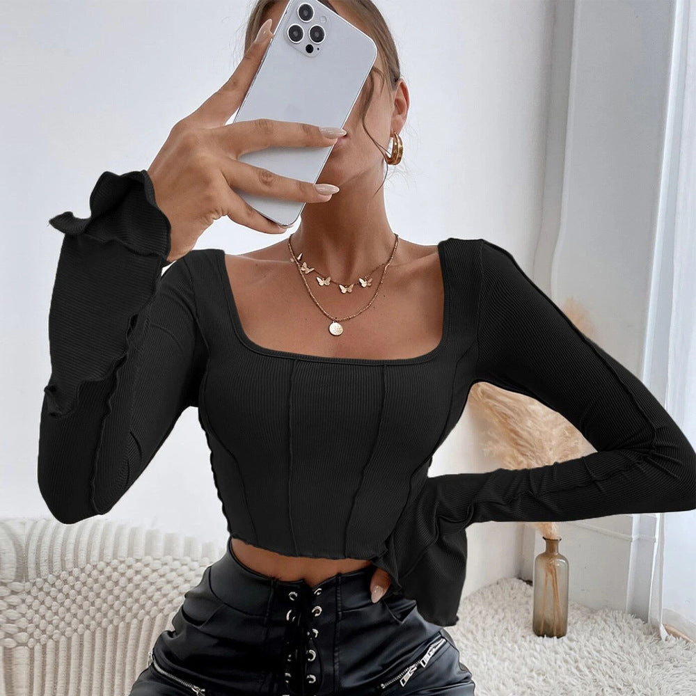 Slim Fit Long Sleeve Square Neck Knit Top T-Shirt