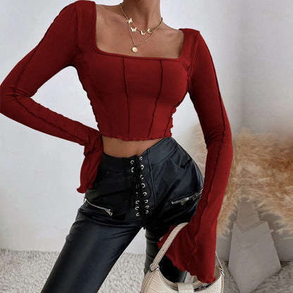 Slim Fit Long Sleeve Square Neck Knit Top T-Shirt