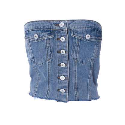 Top abbottonato in denim termoretraibile 