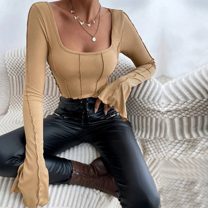 Slim Fit Long Sleeve Square Neck Knit Top T-Shirt