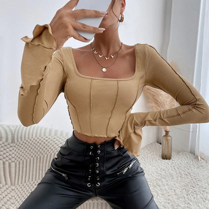 Slim Fit Long Sleeve Square Neck Knit Top T-Shirt