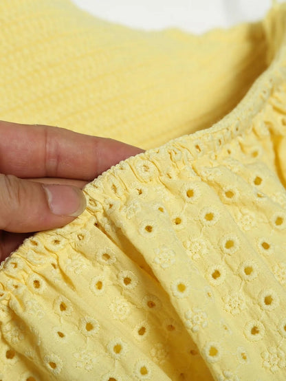 Embriodery Camicie da donna in cotone con top sexy in pizzo giallo con scollo all'americana 