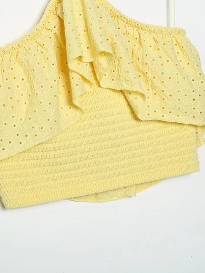 Embriodery Camicie da donna in cotone con top sexy in pizzo giallo con scollo all'americana 