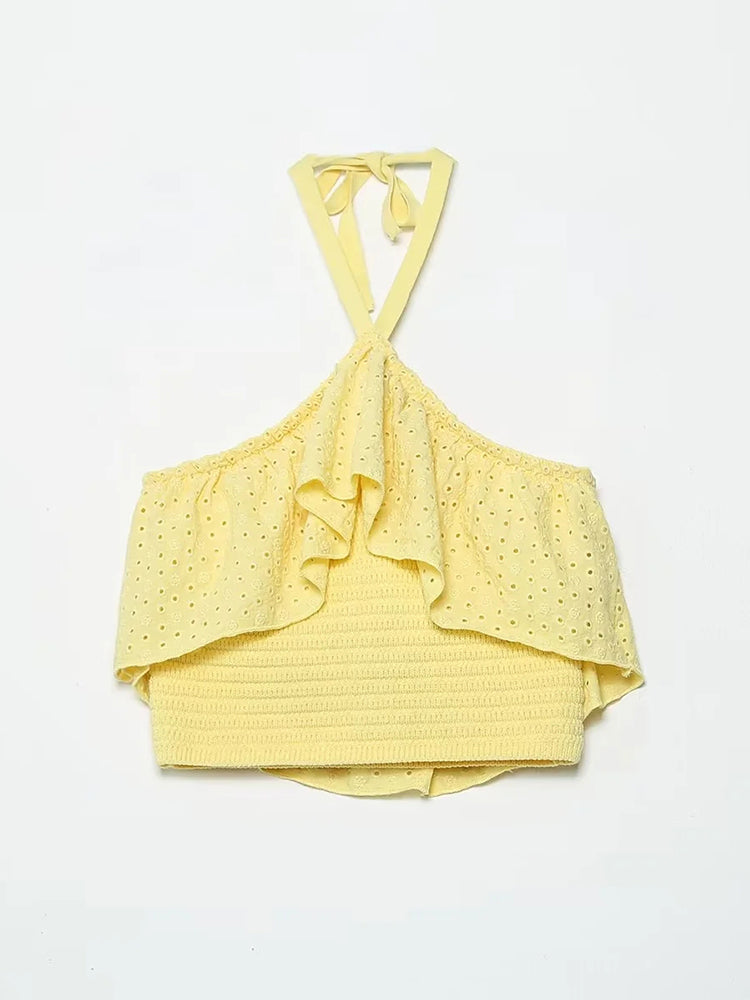 Embriodery Camicie da donna in cotone con top sexy in pizzo giallo con scollo all'americana 