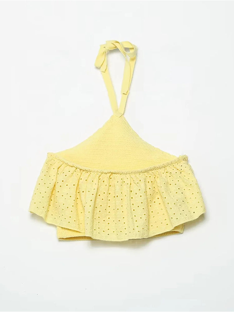 Embriodery Camicie da donna in cotone con top sexy in pizzo giallo con scollo all'americana 