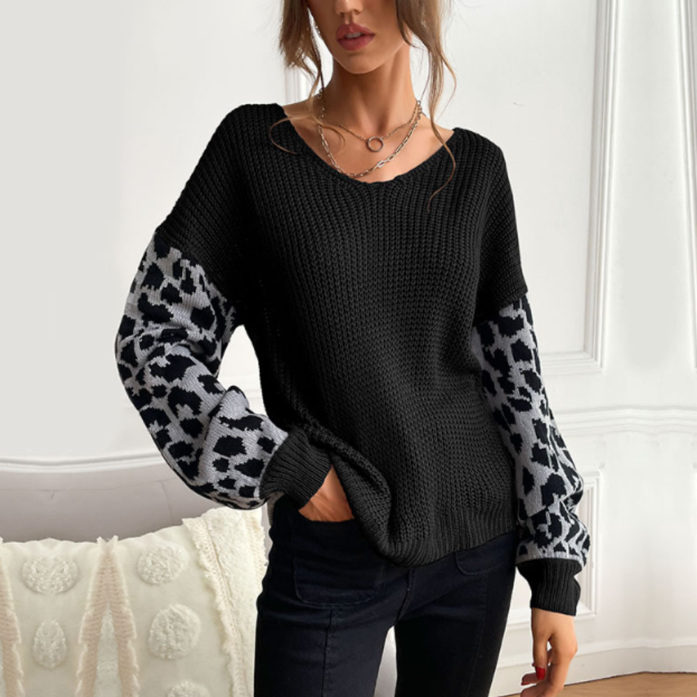 Maglione da donna con scollo a V e maniche con stampa leopardata 