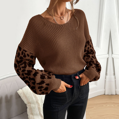 Maglione da donna con scollo a V e maniche con stampa leopardata 