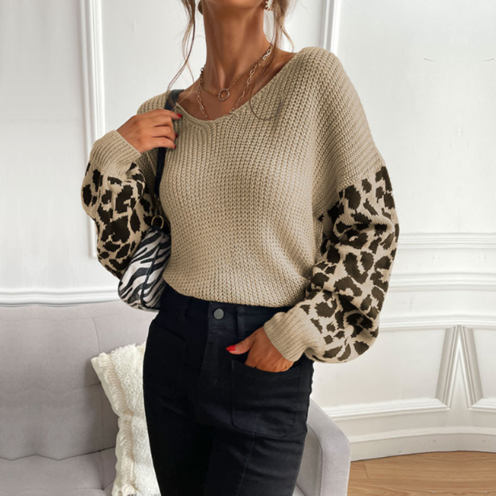 Maglione da donna con scollo a V e maniche con stampa leopardata 