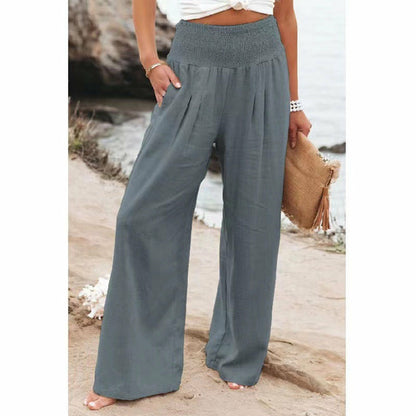 Estate per pantaloni Office Lady Tasche in cotone e lino Solido sciolto casual