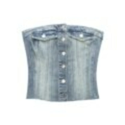 Top corto con corsetto in denim con bottoni