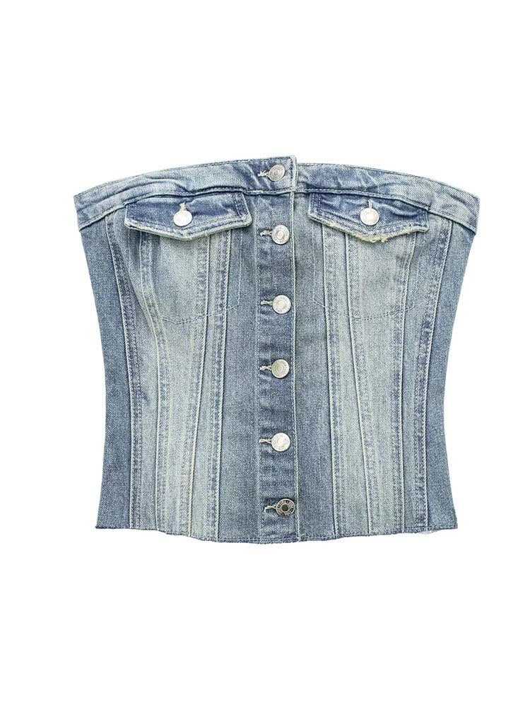 Top corto con corsetto in denim con bottoni