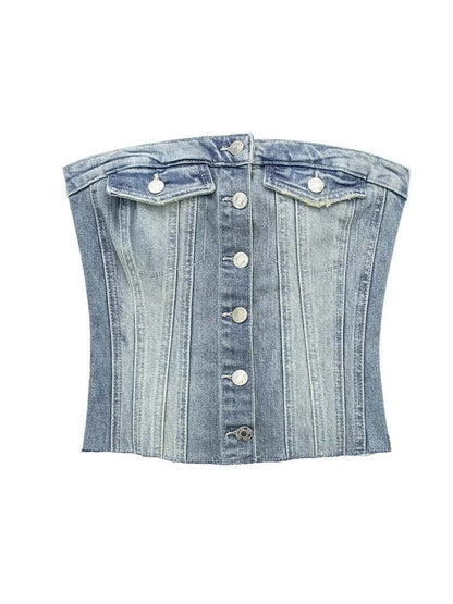 Top corto con corsetto in denim con bottoni