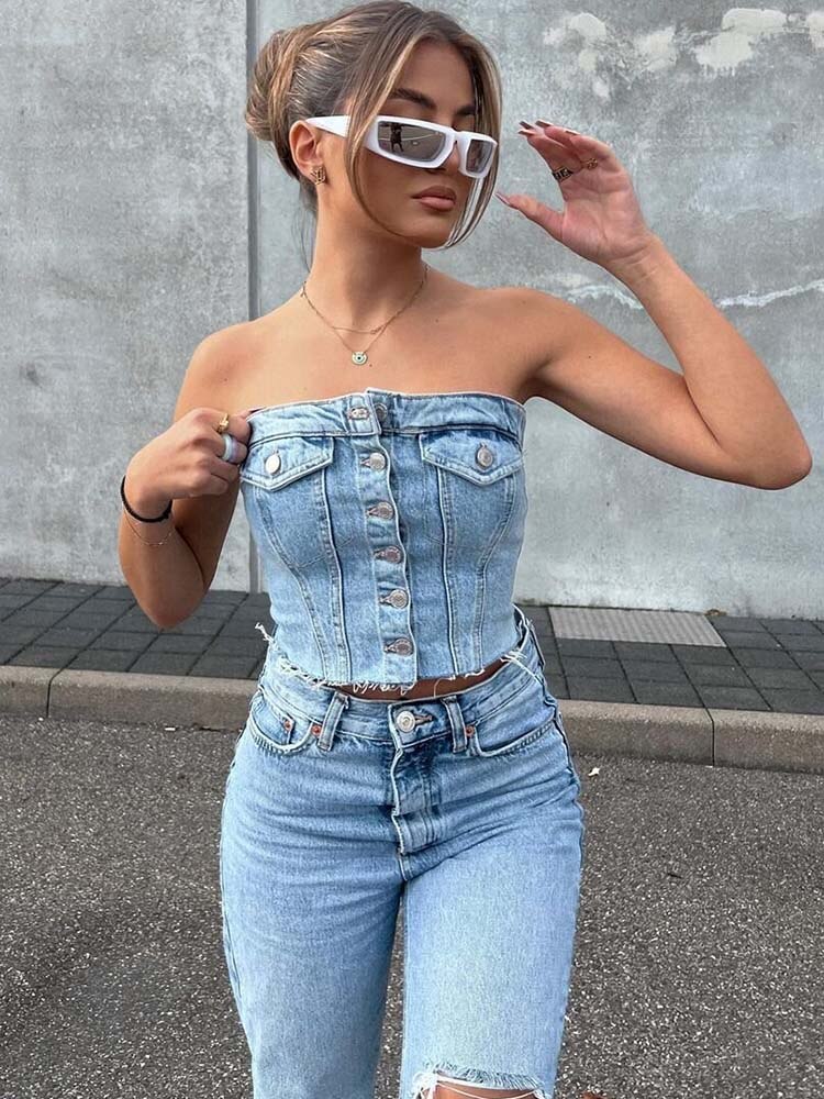 Top corto con corsetto in denim con bottoni