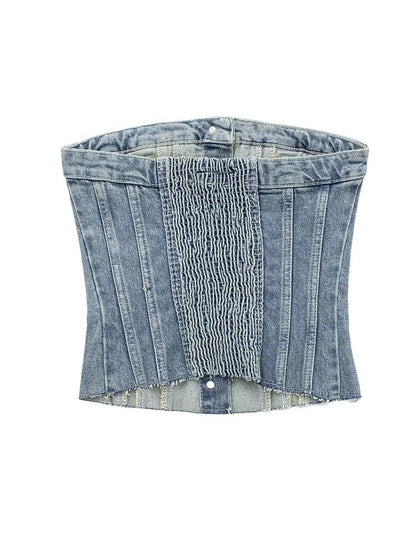 Top corto con corsetto in denim con bottoni