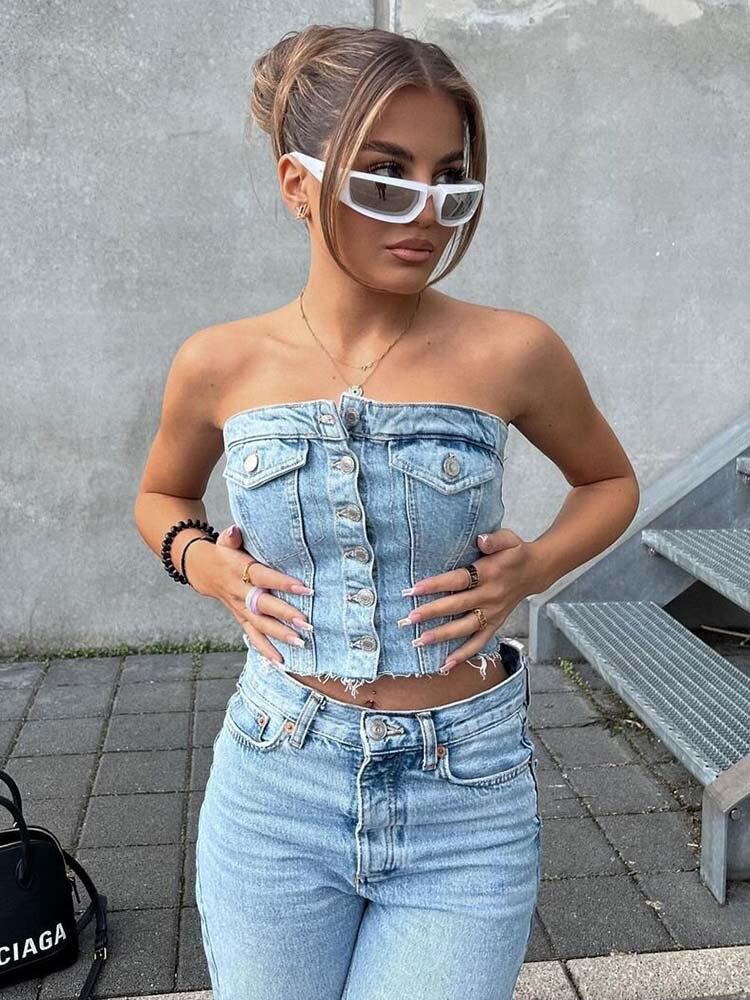 Top corto con corsetto in denim con bottoni