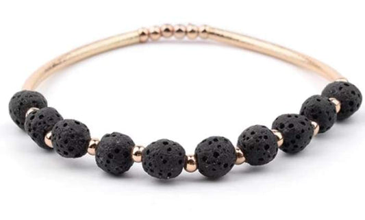 Bracciale con olio essenziale di pietra lavica - Pietra lavica nera e oro