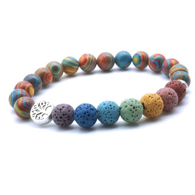 Bracciale in pietra lavica con sette chakra e perline arcobaleno con albero della vita