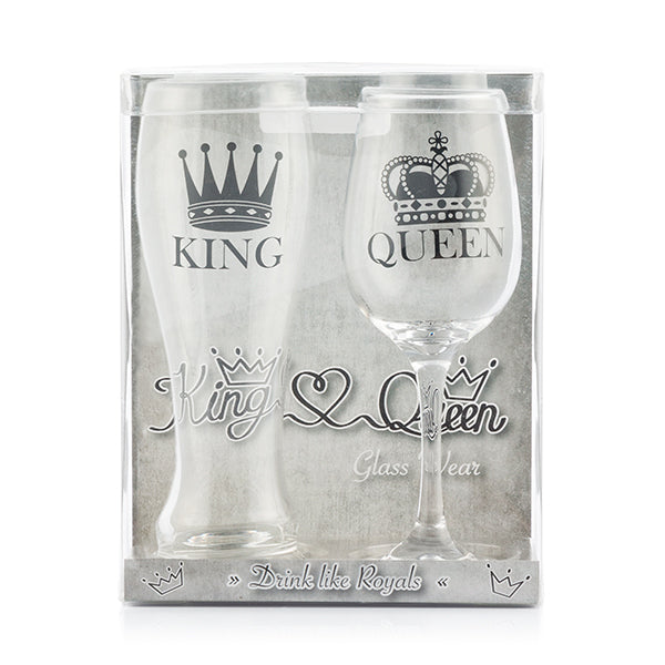 Set Bicchiere e Calice da Vino King &amp; Queen 2 Pezzi