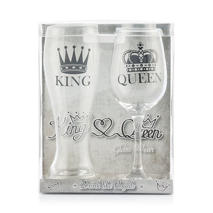 Set Bicchiere e Calice da Vino King &amp; Queen 2 Pezzi