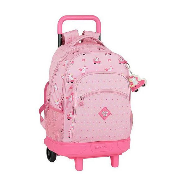 School Rucksack with Wheels Compact Glow Lab Unicorn Day Pink