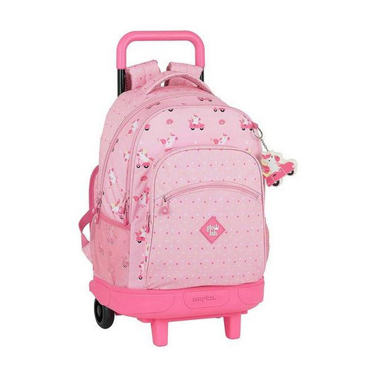 School Rucksack with Wheels Compact Glow Lab Unicorn Day Pink