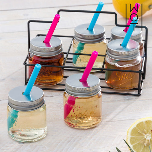 Wagon Trend Shot Glasses with Lids, Straws and Metal Basket (pack of 6)