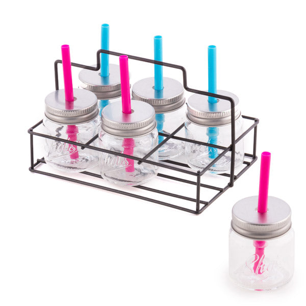 Bicchieri da shot Wagon Trend con coperchi, cannucce e cestino in metallo (confezione da 6)