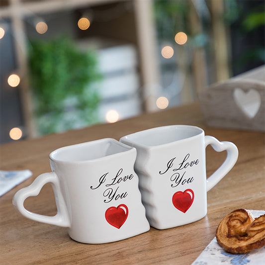 Linked Mugs with Heart Handles I Love You (Set of 2)