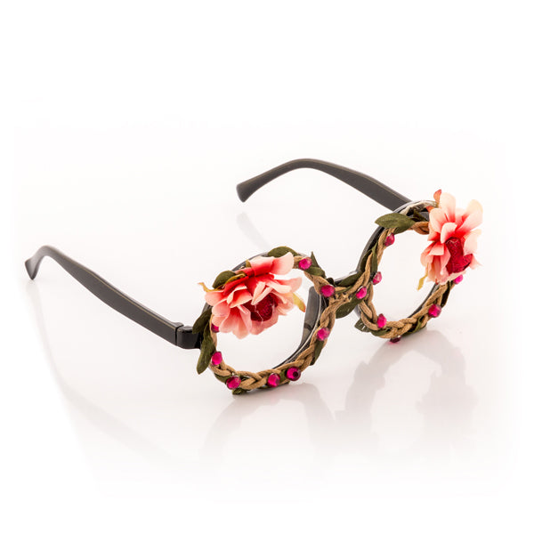 Occhiali da festa alla moda con fiori e diamanti