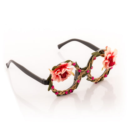 Occhiali da festa alla moda con fiori e diamanti
