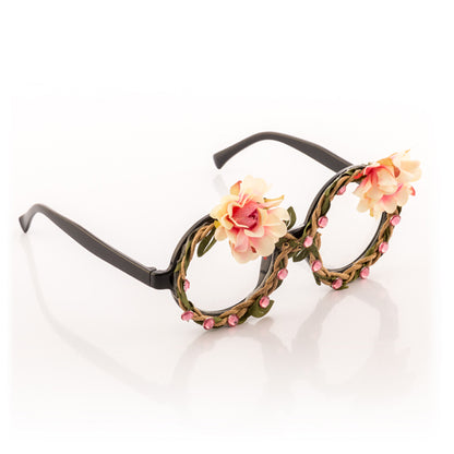 Occhiali da festa alla moda con fiori e diamanti